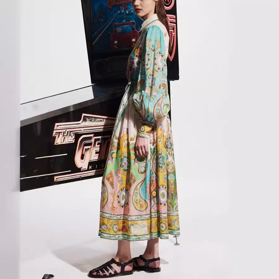 Women's Printed Fashion Long Sleeve Lace-up Dress