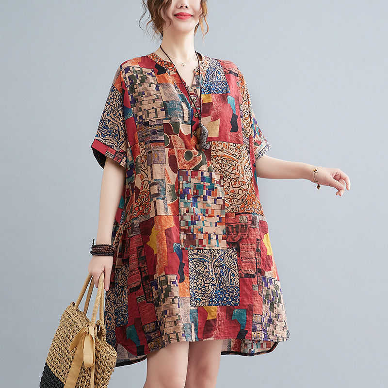 New Plus Size Cover Up Short Sleeve Abstract Print Dress