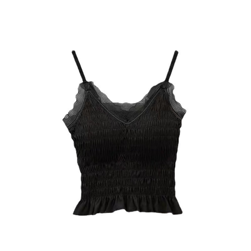 Internet Hot New French Pleated Lace Small Sling Vest