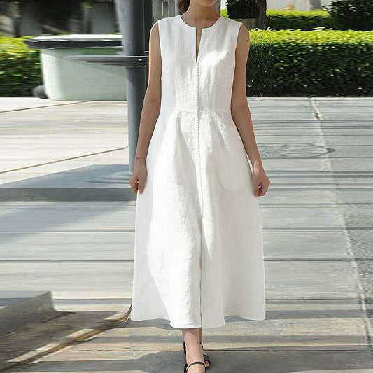 V-neck Waist-slimming Belt Cotton Linen Slit Hemline At Hem Sleeveless Dress