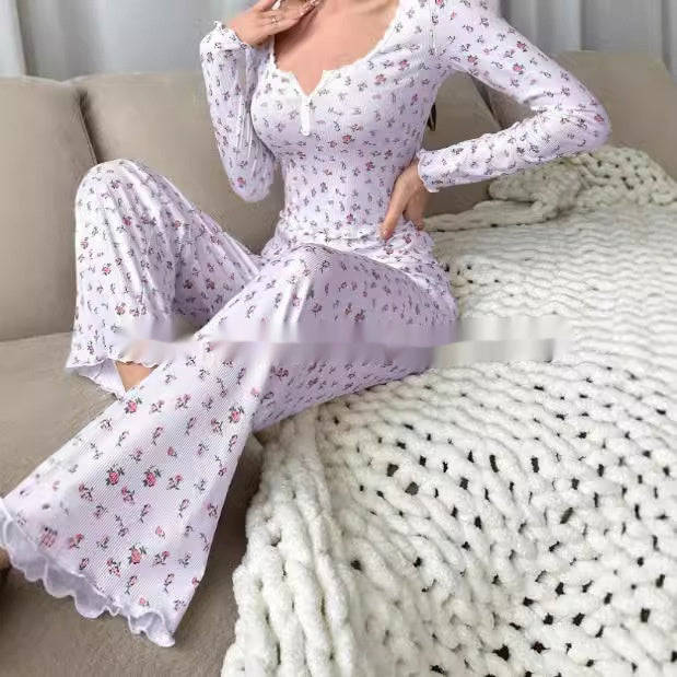 Small Floral Print Lettuce Edge Lace Collar Button Pajamas Suit