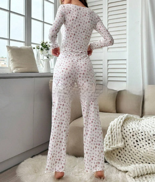 Small Floral Print Lettuce Edge Lace Collar Button Pajamas Suit