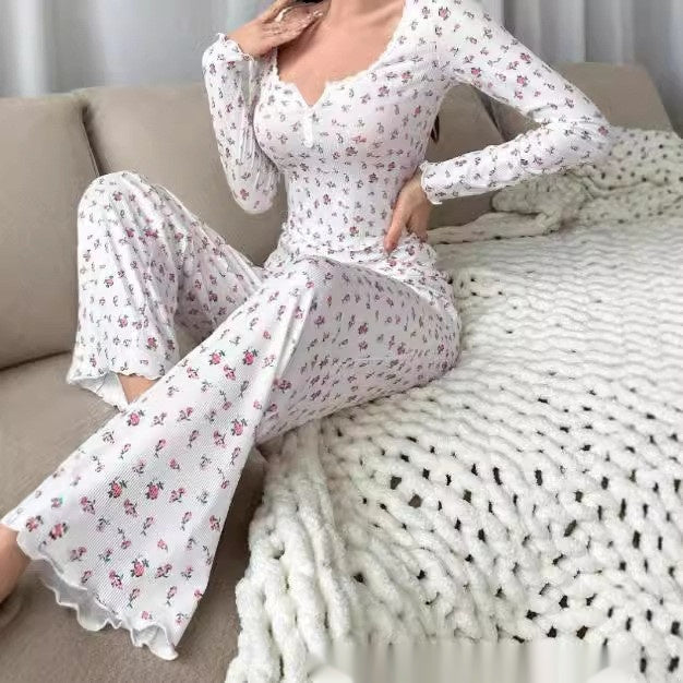 Small Floral Print Lettuce Edge Lace Collar Button Pajamas Suit