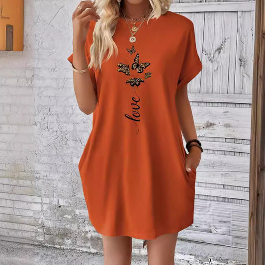 Butterfly And Letter Pattern Batwing Sleeve T-shirt Dress