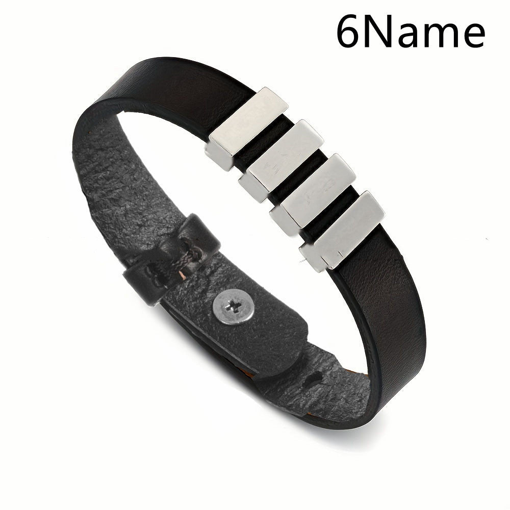 Customized Family Names Bracelet For Men Personalized Engraved Stainless Steel Beads Leather Bracelets Bangle Father's Day Gifts