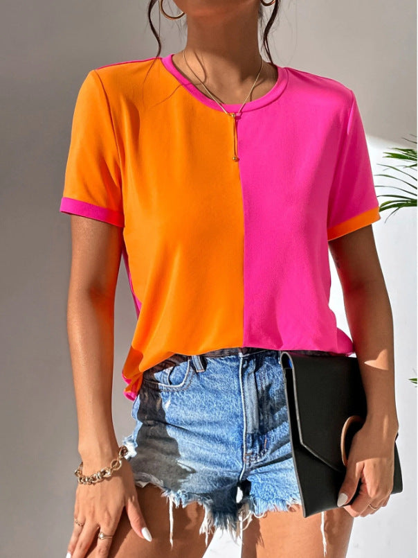 Women's Color Matching Simple Casual All-match Round Neck Short Sleeve