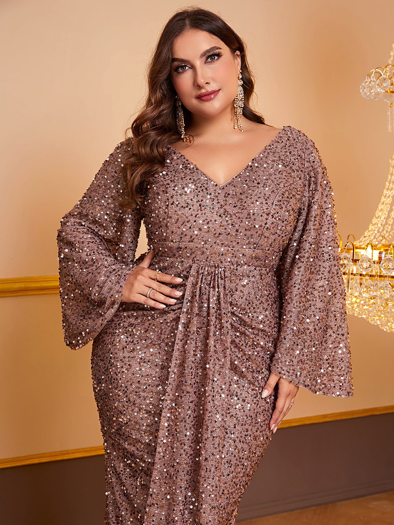 Women's Sequin Long Sleeved V-neck Pleated Dress