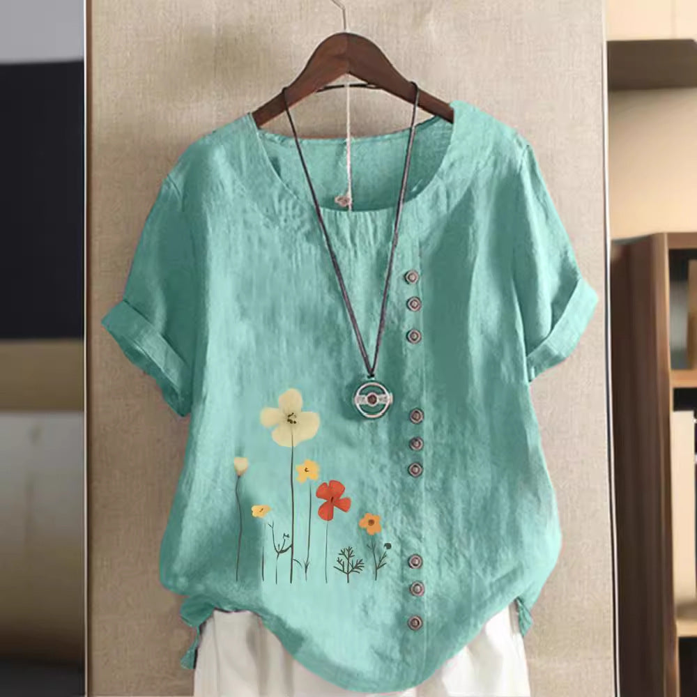 Cotton And Linen Printed Elegant Short Sleeve T-shirt Top Women