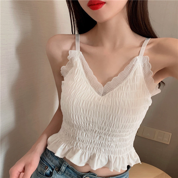 Internet Hot New French Pleated Lace Small Sling Vest