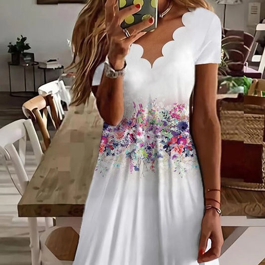 Printed Fluted Collar Short Sleeve Mid-length Dress