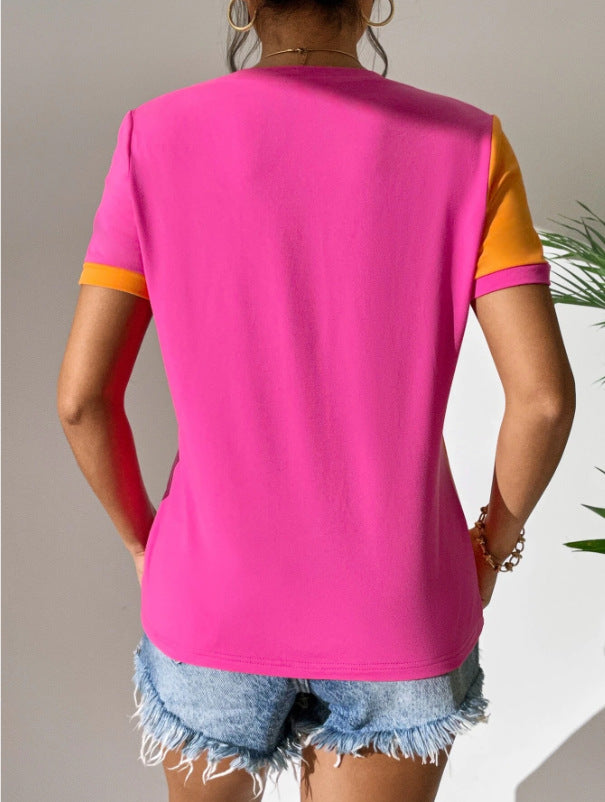 Women's Color Matching Simple Casual All-match Round Neck Short Sleeve