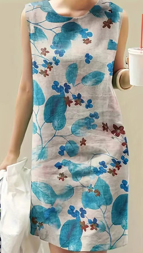 Women's Vintage Floral Print Round Neck Sleeveless Dress