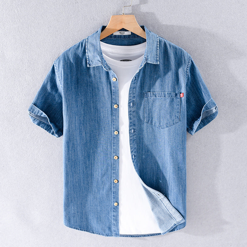 Summer Cotton Short Sleeve Denim Shirt For Men Classic All-matching