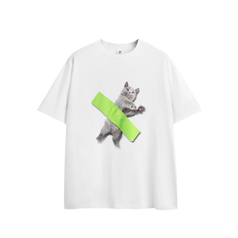 Tape Alien Cat Printed T-shirt Casual Loose