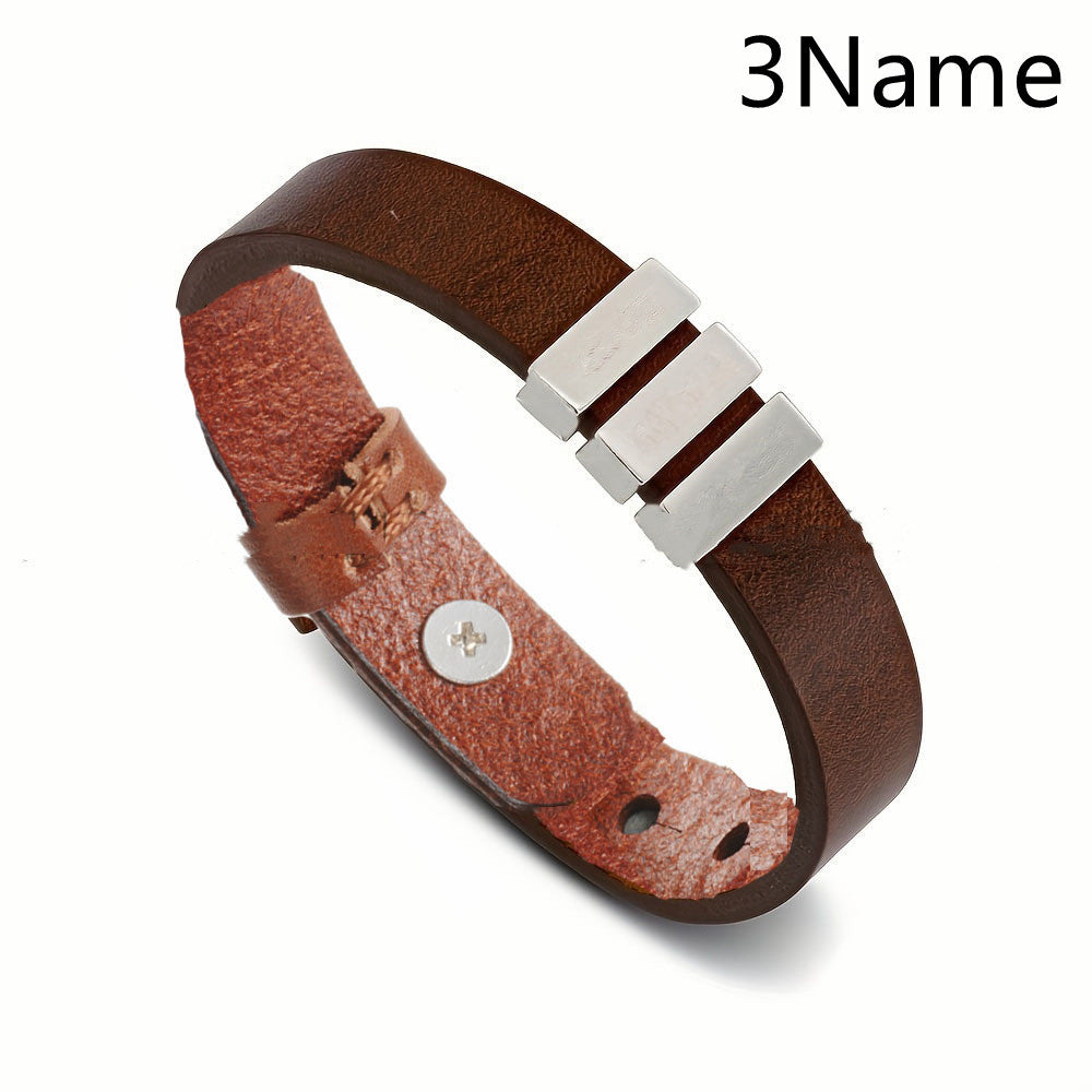 Customized Family Names Bracelet For Men Personalized Engraved Stainless Steel Beads Leather Bracelets Bangle Father's Day Gifts