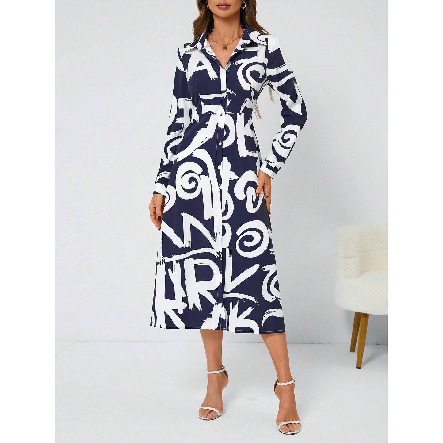 High Side Slit Floral Print Long Sleeve Dress