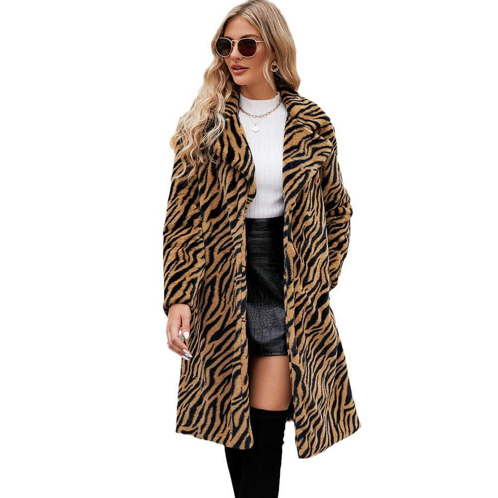 European And American Fashion Leisure Suit Collar Artificial Leather Fur Coat Zebra Pattern Plush Long Coat Autumn And Winter