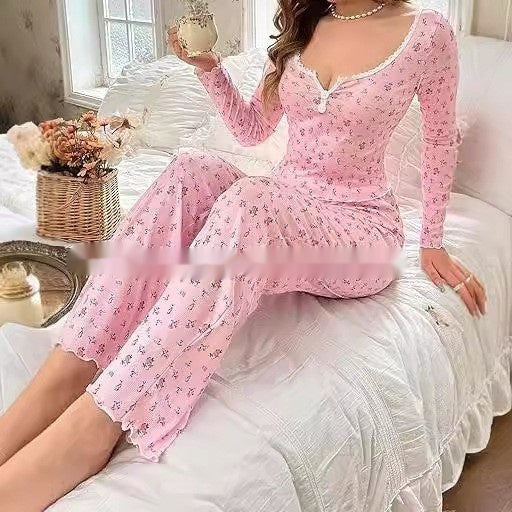 Small Floral Print Lettuce Edge Lace Collar Button Pajamas Suit