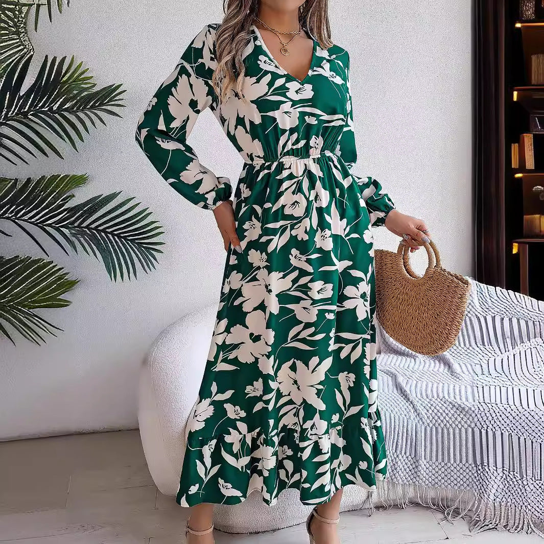 Leisure Flower Waist-controlled Long Sleeves Ruffled Dress