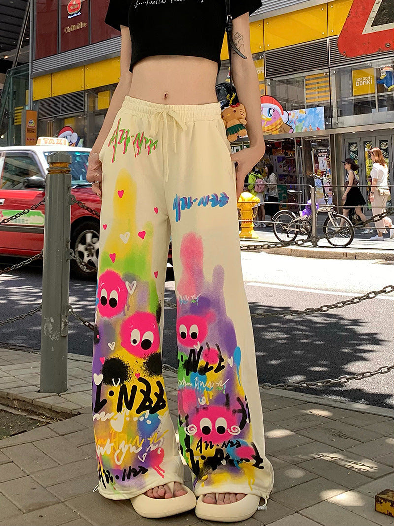 High Waist Drawstring Wide-leg Pants Summer High Waist Loose And Slimming Mop Pants Cartoon