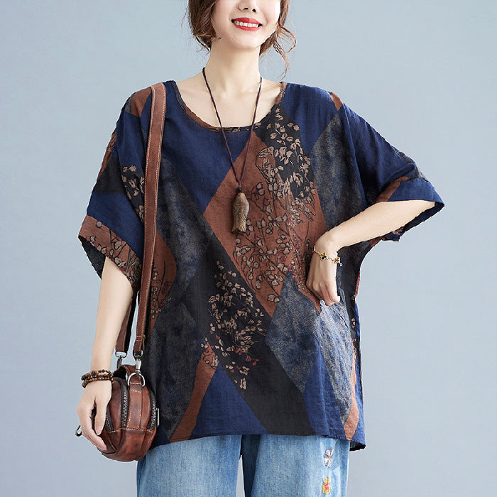 Women's Stylish Loose Round Neck Printed Short-sleeved T-shirt Top