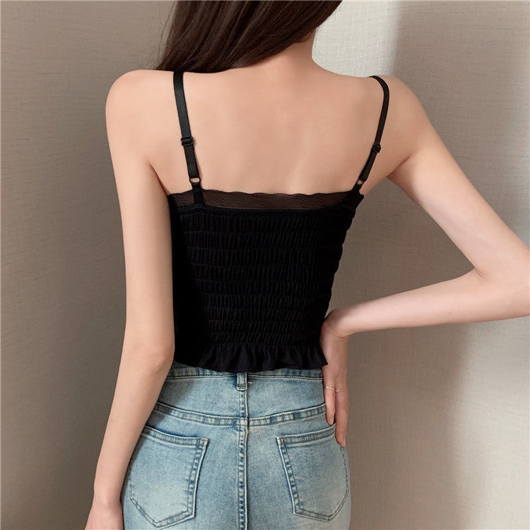 Internet Hot New French Pleated Lace Small Sling Vest