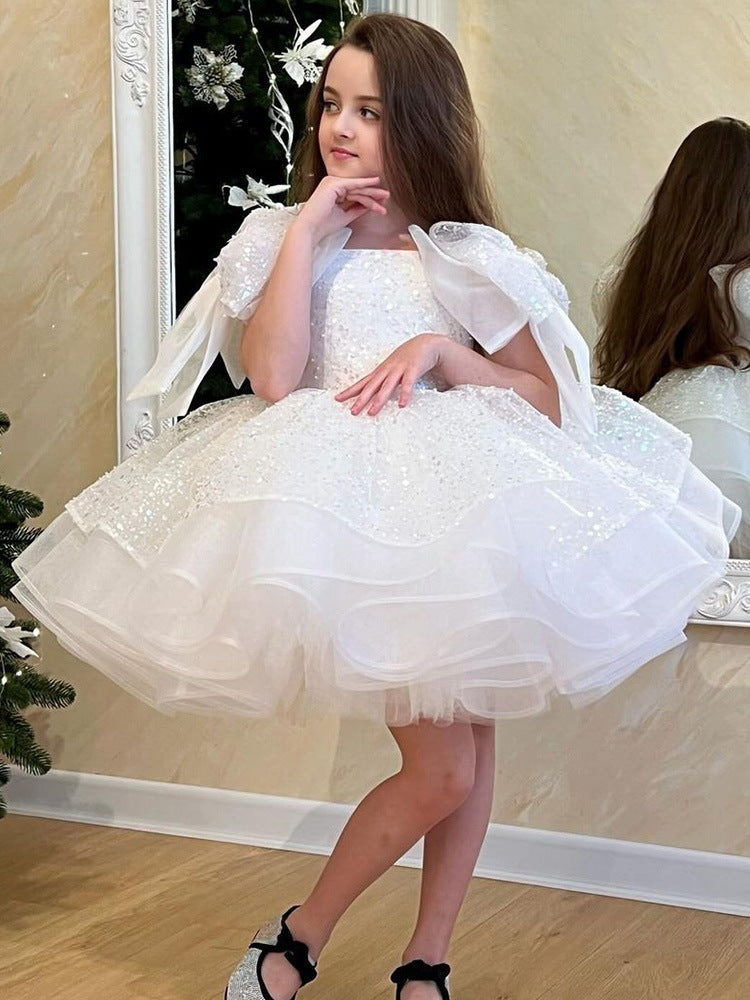 Girls' White Birthday Party Formal Dress Skirt