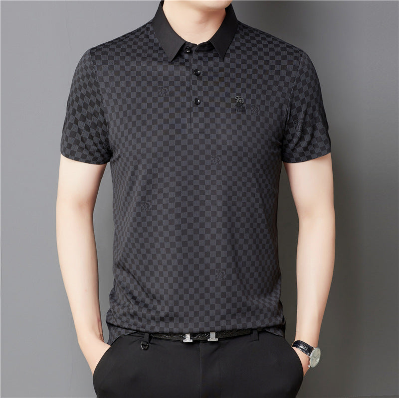 Men's Lapel Plaid Printed Seamless High Elasticity Ice Silk Short Sleeve