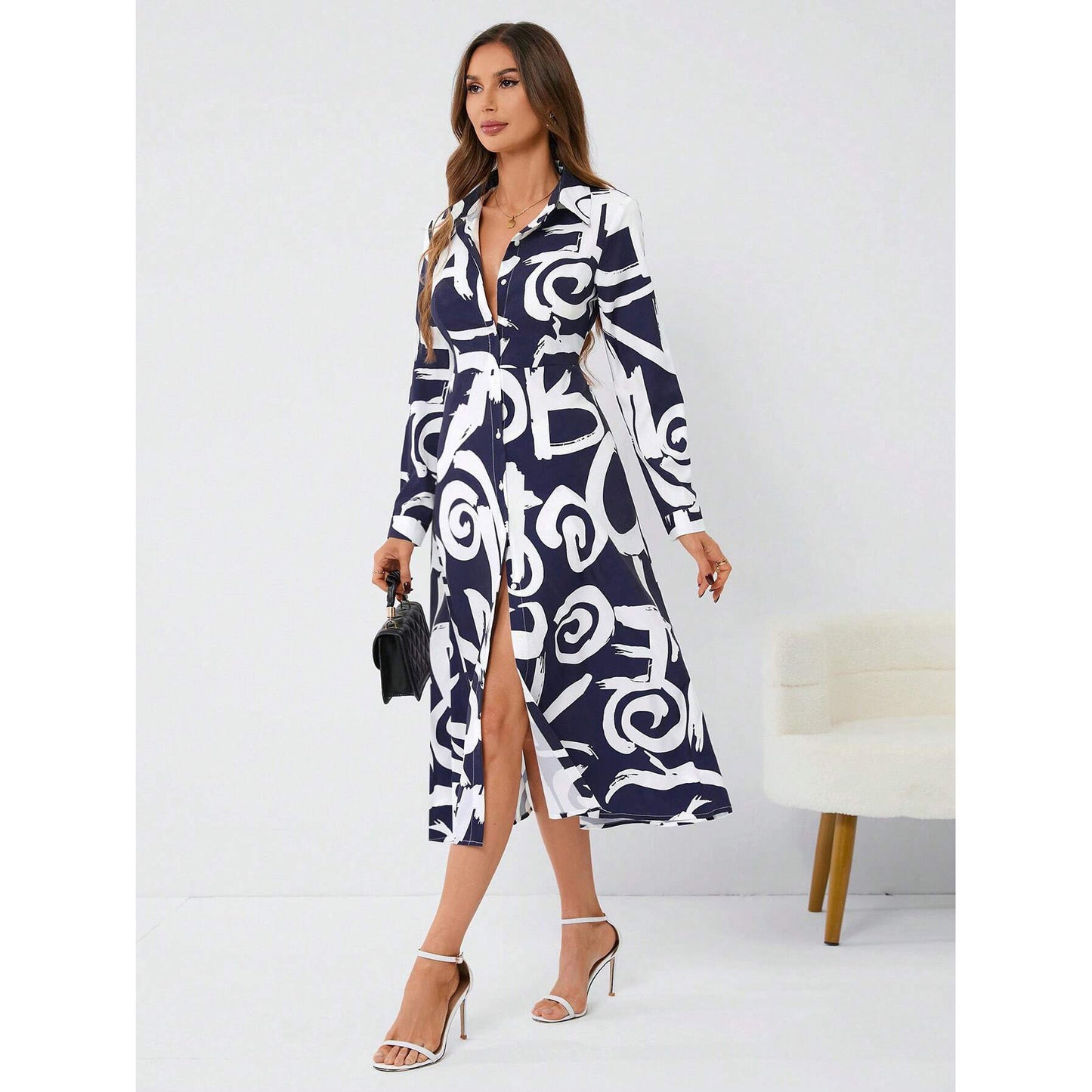 High Side Slit Floral Print Long Sleeve Dress