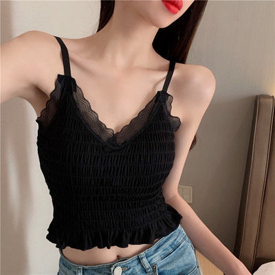 Internet Hot New French Pleated Lace Small Sling Vest