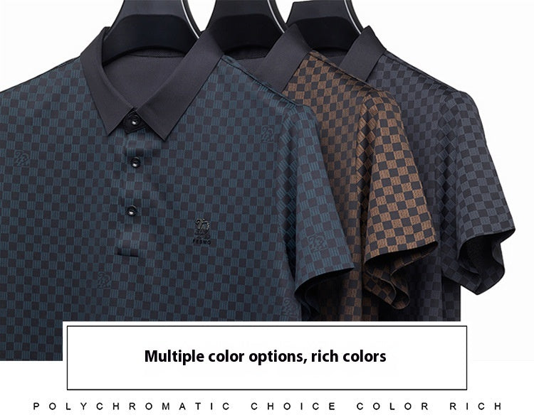 Men's Lapel Plaid Printed Seamless High Elasticity Ice Silk Short Sleeve