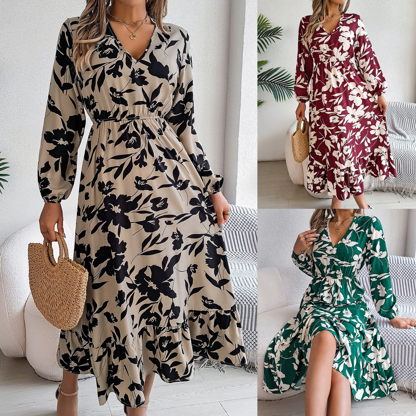 Leisure Flower Waist-controlled Long Sleeves Ruffled Dress