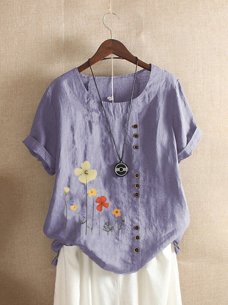 Cotton And Linen Printed Elegant Short Sleeve T-shirt Top Women