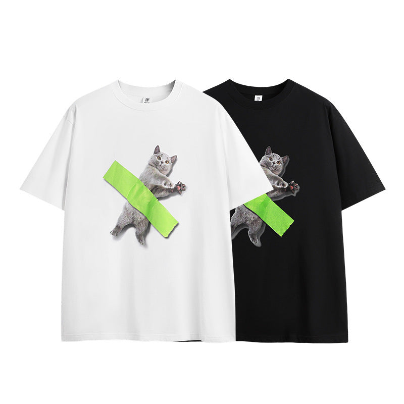 Tape Alien Cat Printed T-shirt Casual Loose