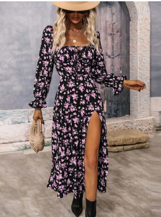 Flowers Printing Long Sleeve Dress Fashion Square-neck Bottom Slit Dresses Womens  Clothing