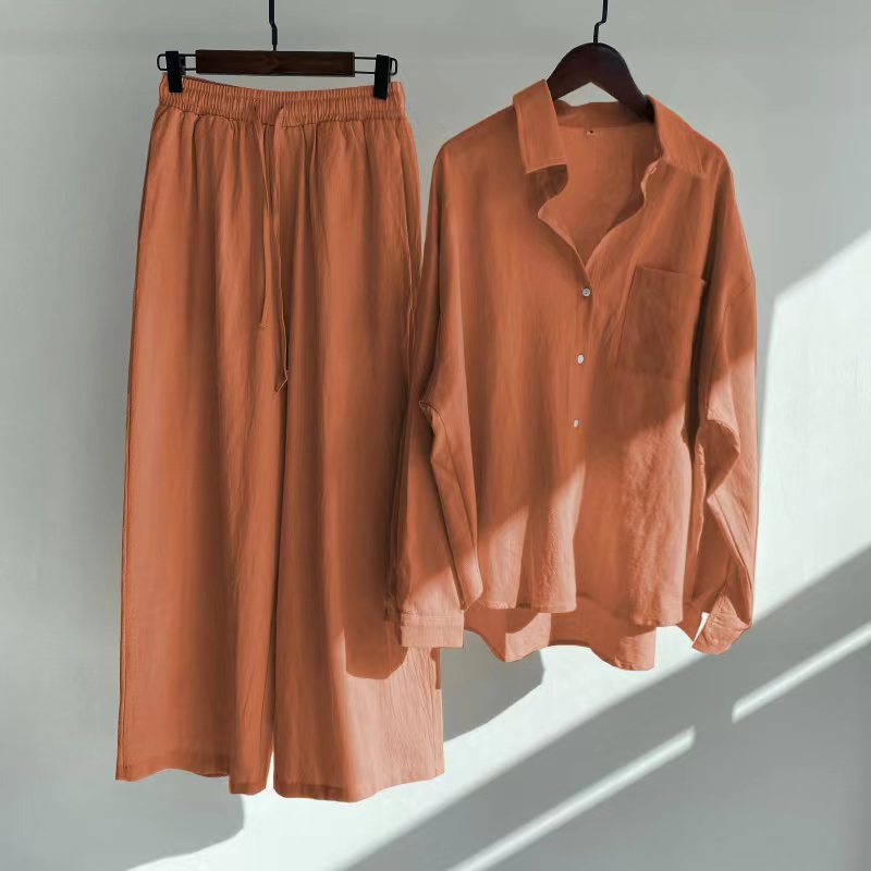 Cross-border Women's Ancient Cotton And Linen Shirt Outfit High Waist Loose Trousers