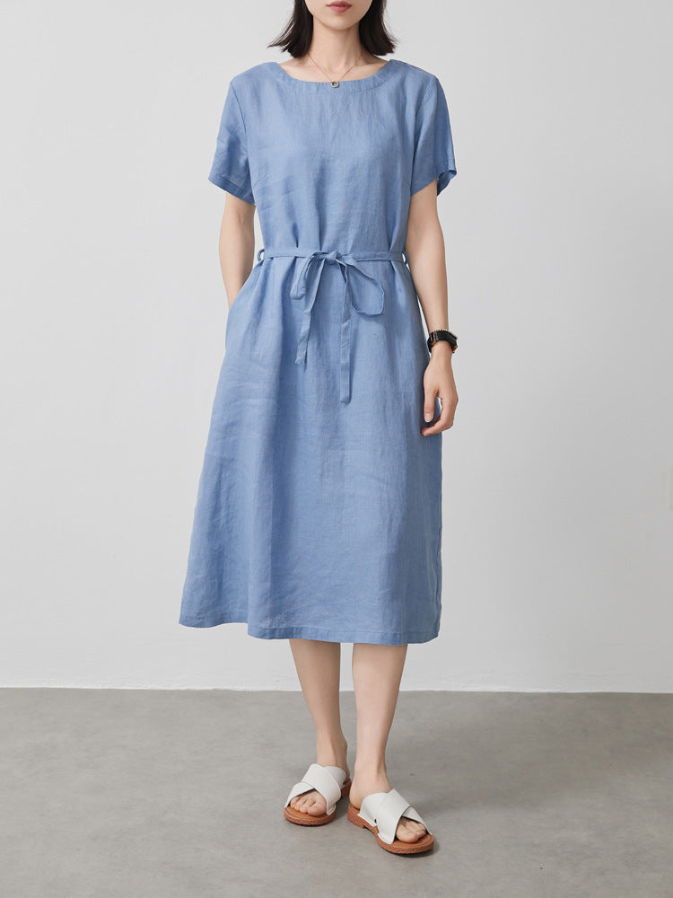 Linen Simple Artistic Commuter Short Sleeve Temperament Midi Skirt