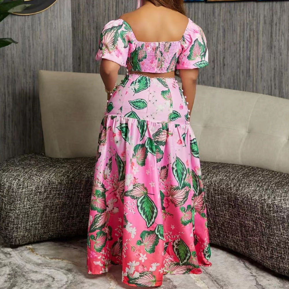 European And American Fashion Casual Wild Leaves Gradient Printing Two-piece Suit