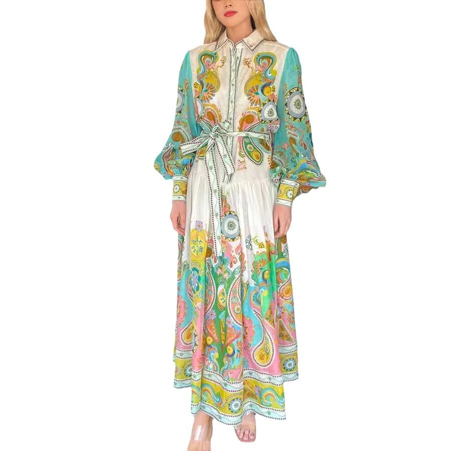 Women's Printed Fashion Long Sleeve Lace-up Dress