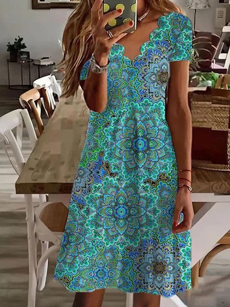 Printed Fluted Collar Short Sleeve Mid-length Dress