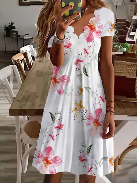 Printed Fluted Collar Short Sleeve Mid-length Dress