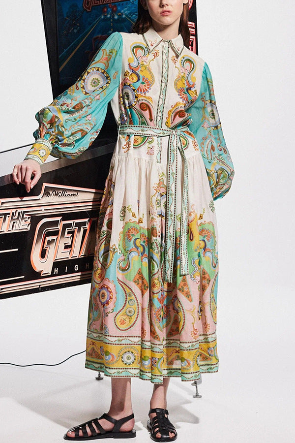 Women's Printed Fashion Long Sleeve Lace-up Dress