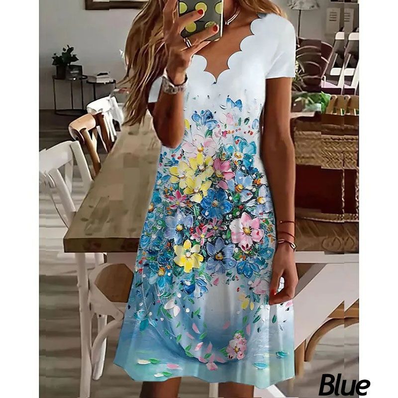 Printed Fluted Collar Short Sleeve Mid-length Dress