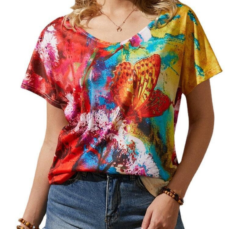 Butterfly Print Casual Style Short Sleeve Women