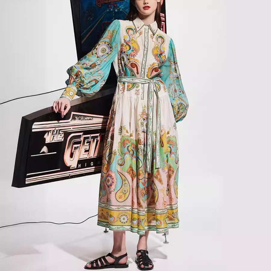 Women's Printed Fashion Long Sleeve Lace-up Dress