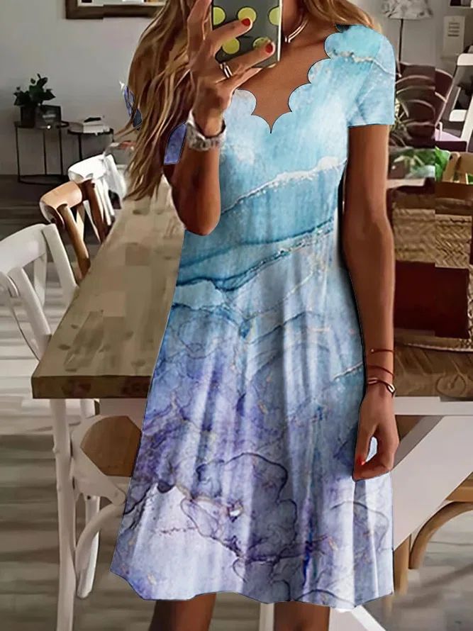 Printed Fluted Collar Short Sleeve Mid-length Dress