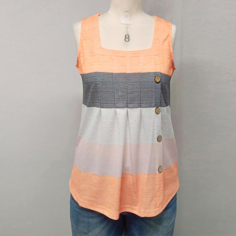 Striped Vest Square Collar Button Sleeveless Top Casual European And American