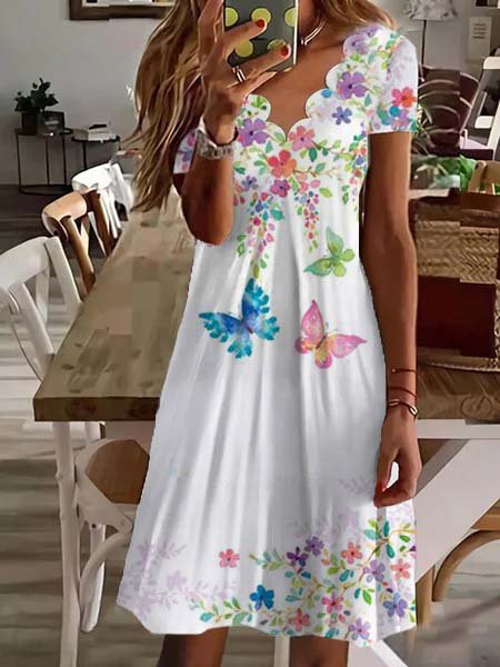 Printed Fluted Collar Short Sleeve Mid-length Dress