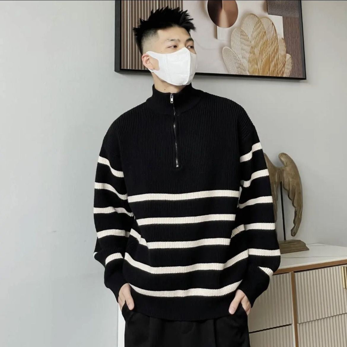 High-grade Horizontal Striped Simple Stand-up Collar Sweater