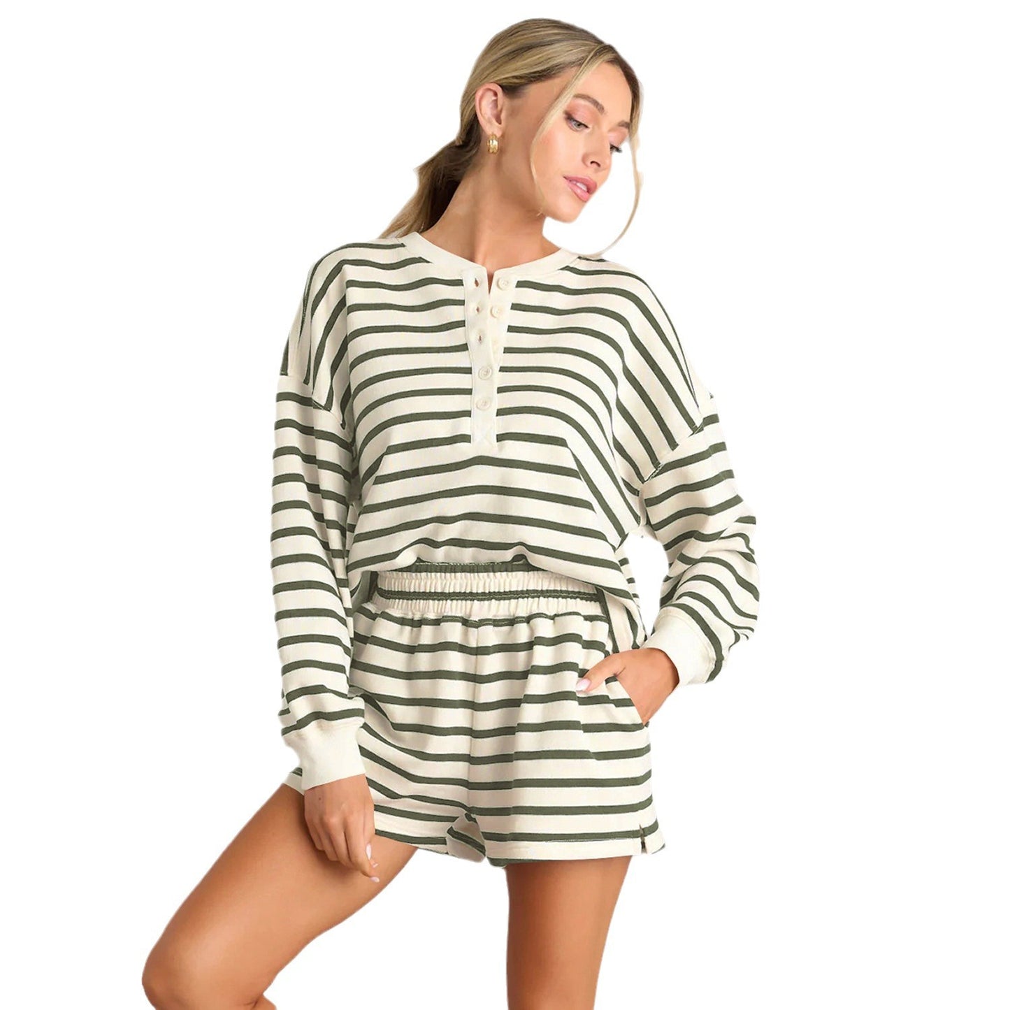 Comfort And Casual Women's Long Sleeve Striped Collar Decorated With Buttons Shorts Suit